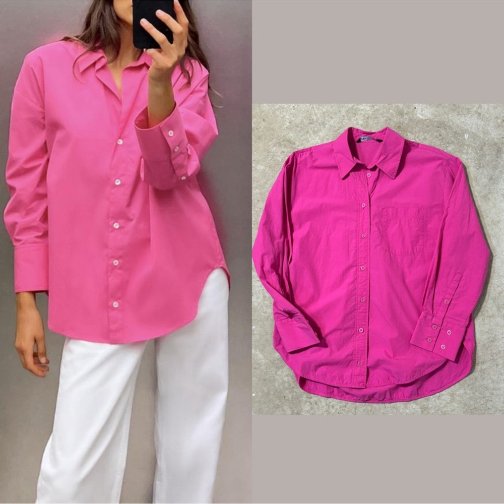 Zara Pink Button Down Poplin Shirt Women’s Size Small Office Cotton Long Sleeve